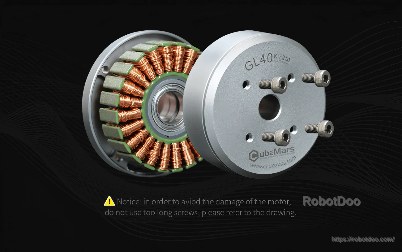 GL40 motor exploded view with mounting screws and warning to avoid overlong screws that could damage the motor