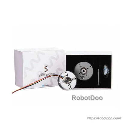 CubeMars GL60 hollow shaft motor package contents with motor, cable lead, foam tray, box
