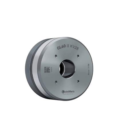 Angled view of CubeMars GL60 II gimbal motor showing front plate and hollow-shaft design