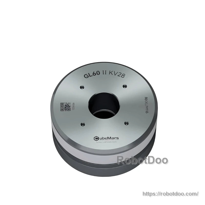 Low-angle view of GL60 II KV28 gimbal motor showing stepped housing and front face