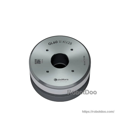 Low-angle view of GL60 II KV28 gimbal motor showing stepped housing and front face
