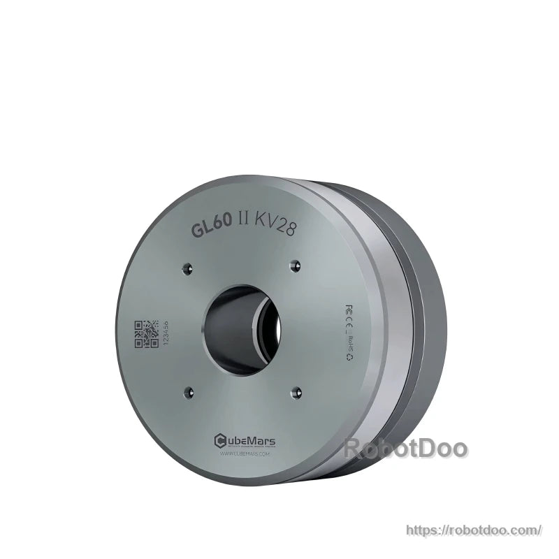 Three-quarter view of GL60 II KV28 motor with CubeMars logo and mounting screw holes