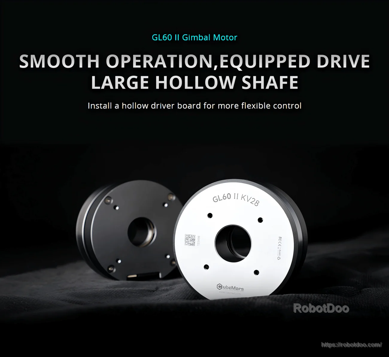 CubeMars GL60 II Gimbal Motor with large 20mm hollow shaft design, front and rear view