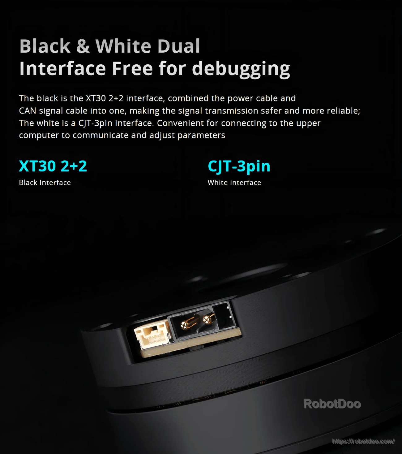 Close-up of GL60 II motor connectors: XT30 2+2 black interface and CJT-3pin white interface for debugging