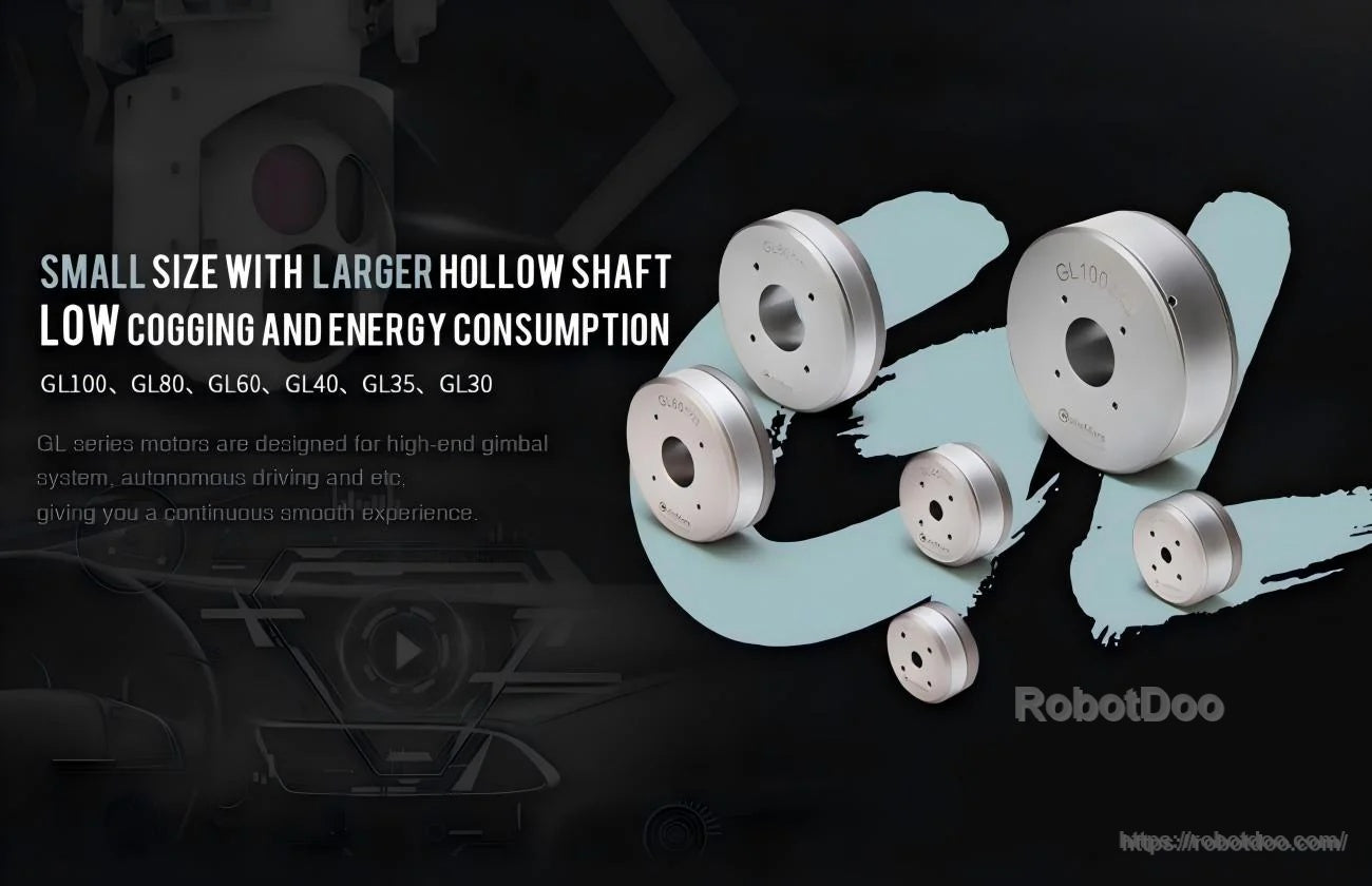 CubeMars GL60 hollow shaft motor series overview highlighting compact size, low cogging, and low energy use