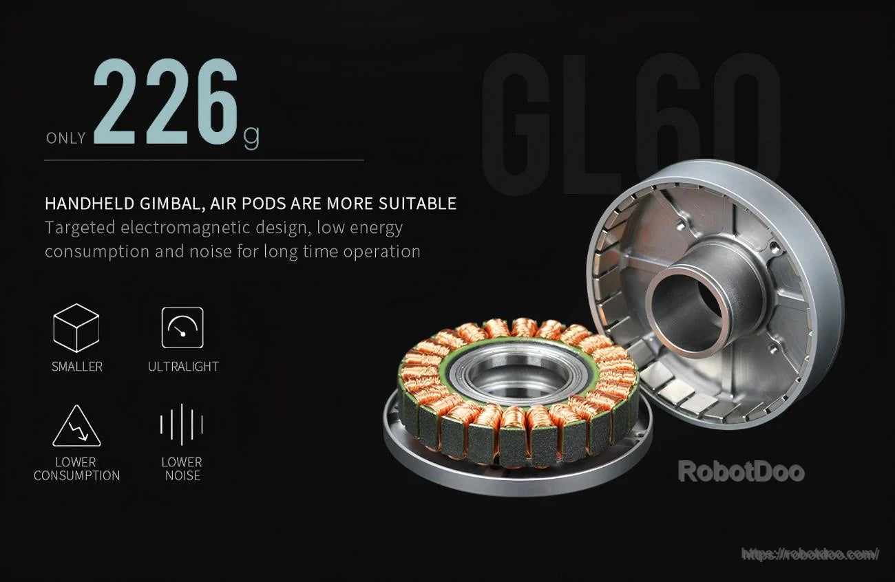 GL60 motor internal view showing stator windings and rotor housing, emphasizing ultralight 226 g construction