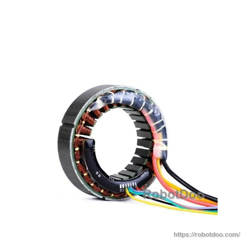 Frameless motor stator side view with attached lead wires and connector PCB