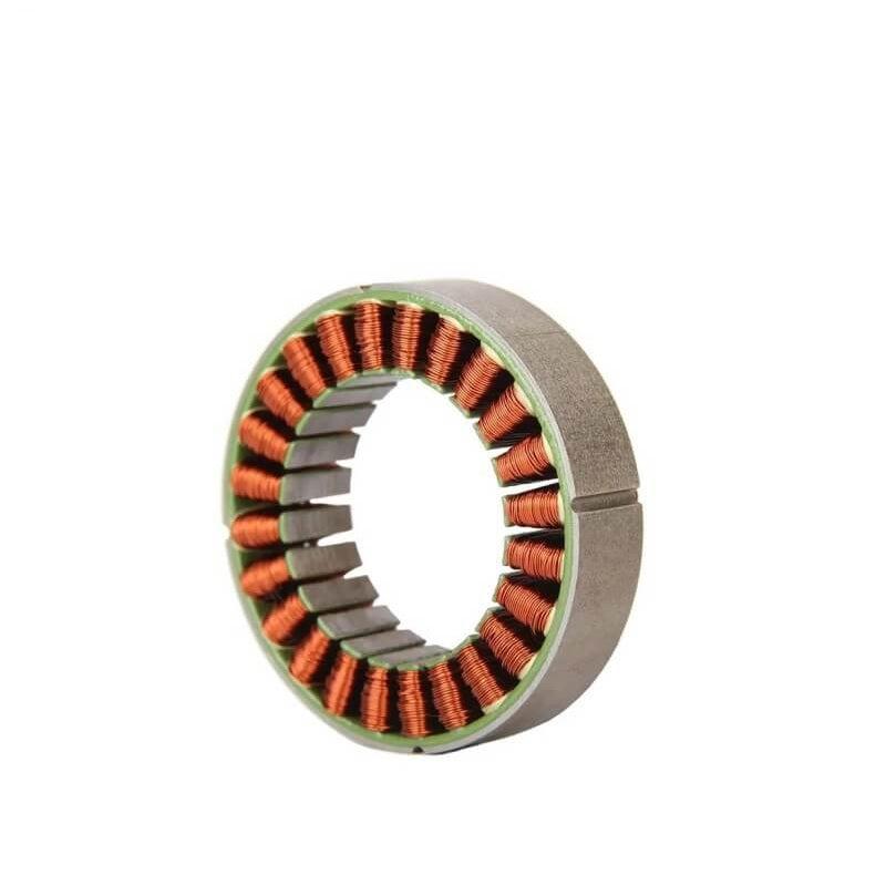 Angled view of frameless motor stator with laminated steel core and copper windings