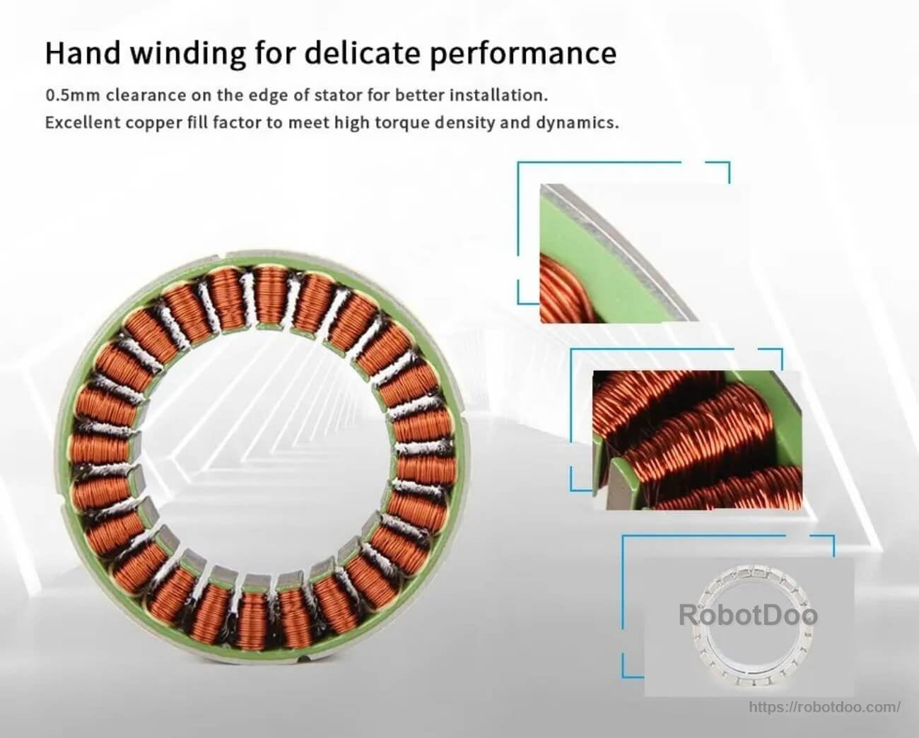 RI60 frameless motor stator with hand-wound copper coils and 0.5 mm edge clearance for mounting