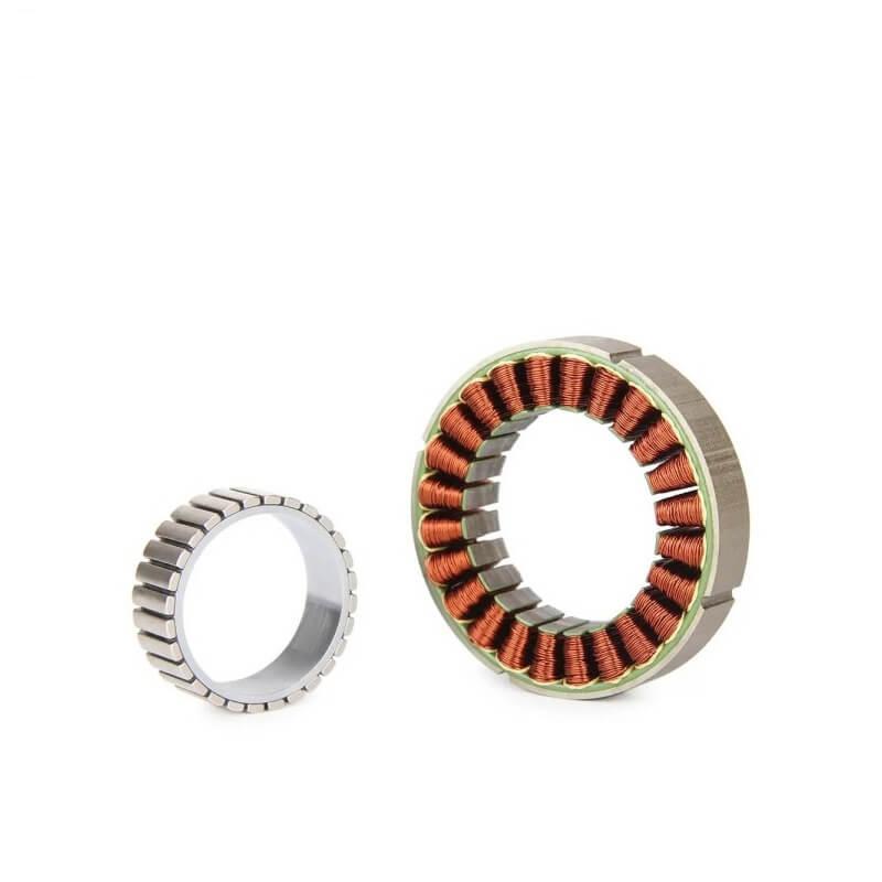 Frameless motor rotor and stator set shown separated, ring components on white background