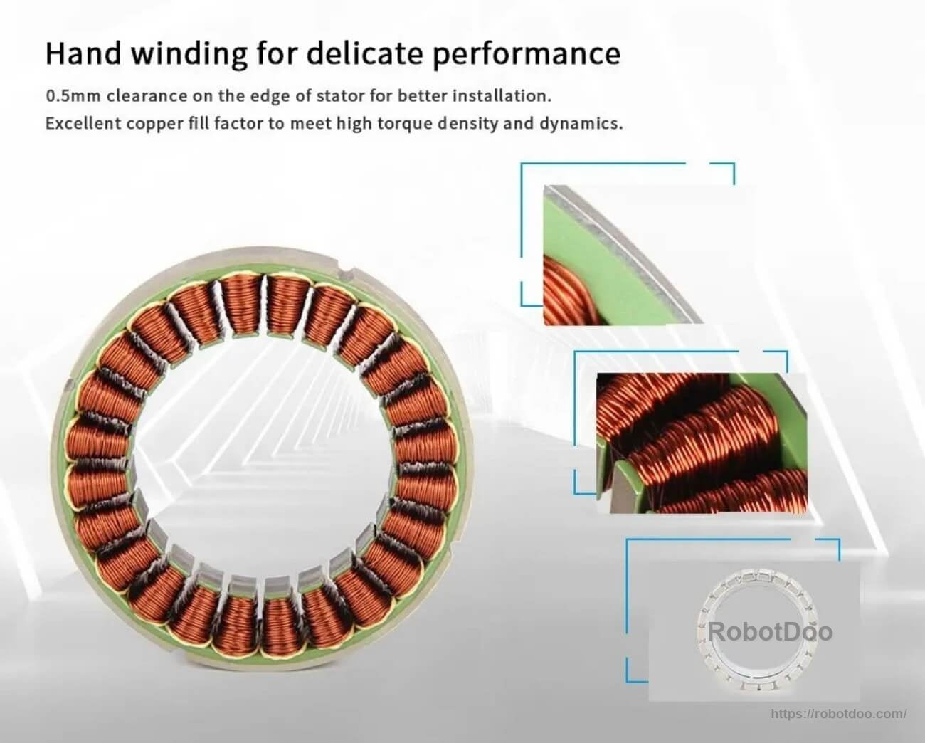 RI70 frameless motor stator with hand-wound copper coils and tight 0.5 mm edge clearance for installation