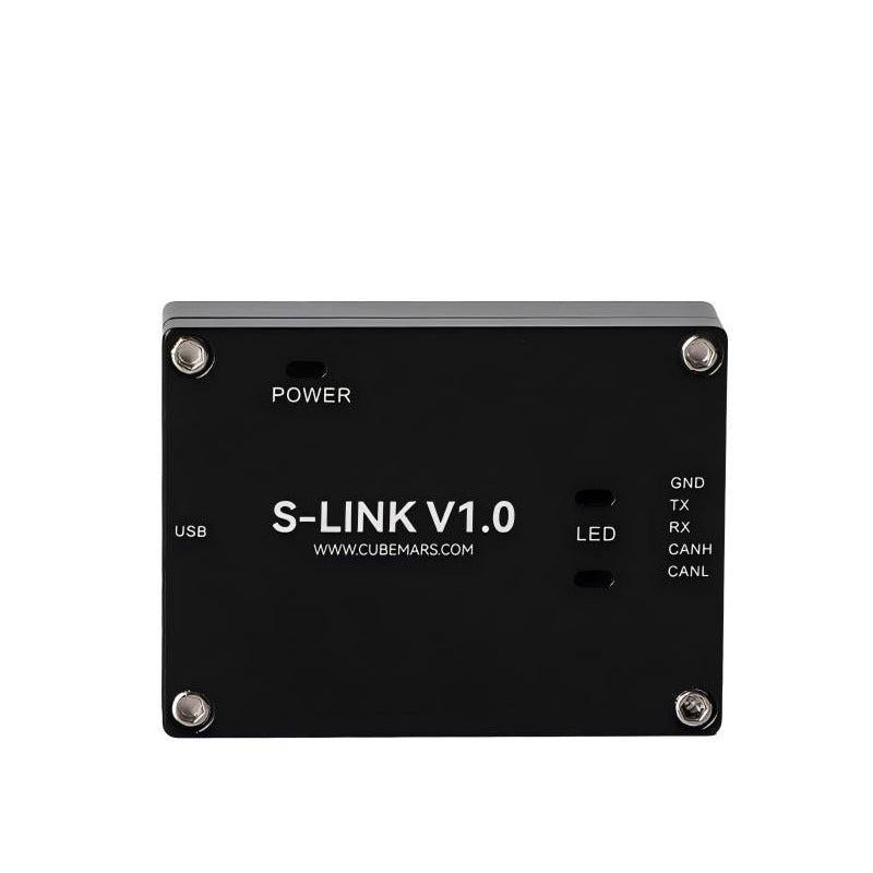 CubeMars S-LINK V1.0 communication module top view with USB, power, LED, and GND/TX/RX/CANH/CANL labels
