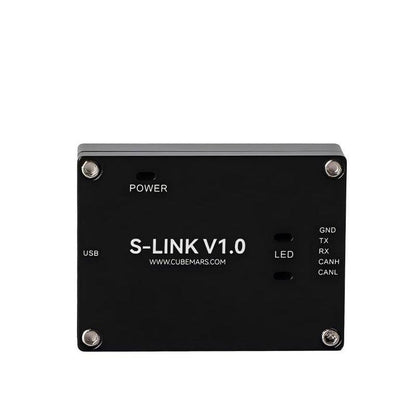 CubeMars S-LINK V1.0 communication module top view with USB, power, LED, and GND/TX/RX/CANH/CANL labels