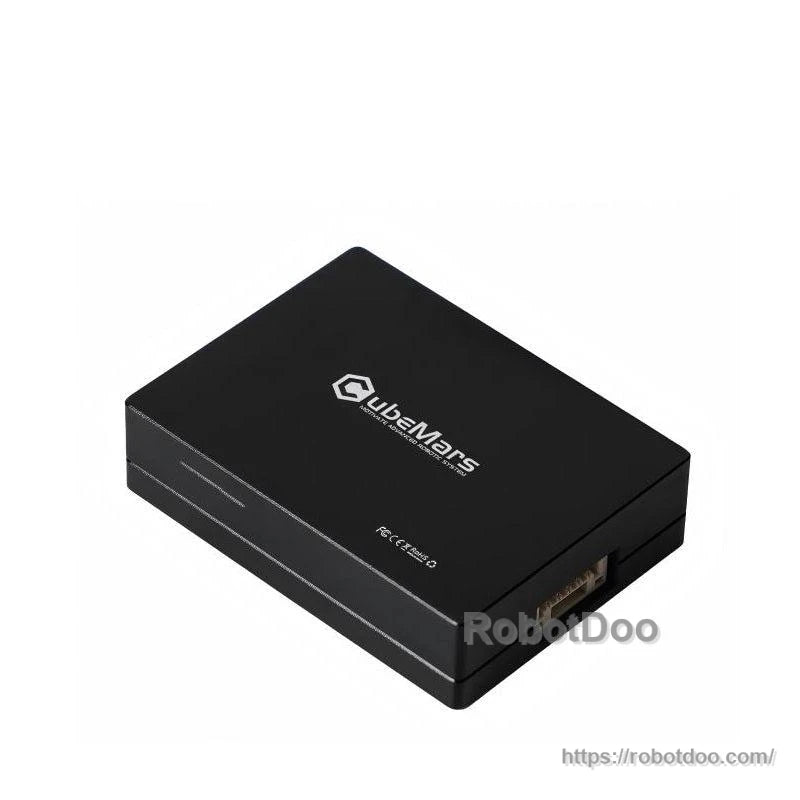 Angled view of CubeMars S-LINK V1.0 communication module enclosure showing side connector opening