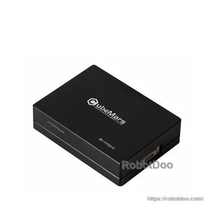 Angled view of CubeMars S-LINK V1.0 communication module enclosure showing side connector opening