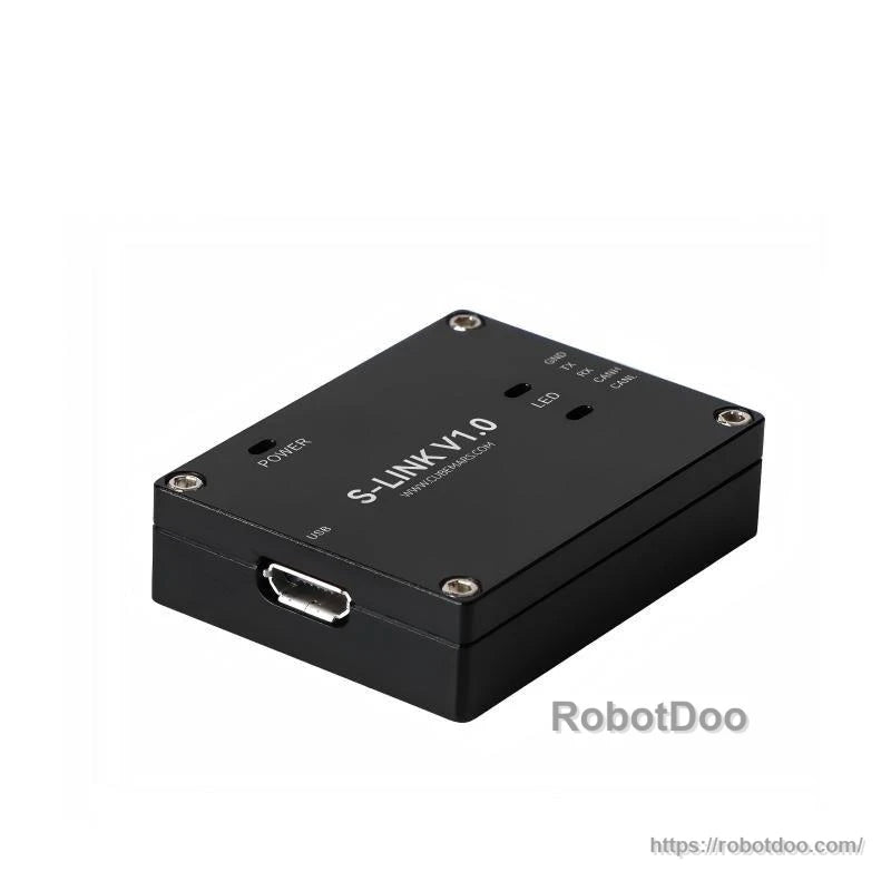 S-LINK V1.0 module angled close-up showing the USB port on the side of the black enclosure