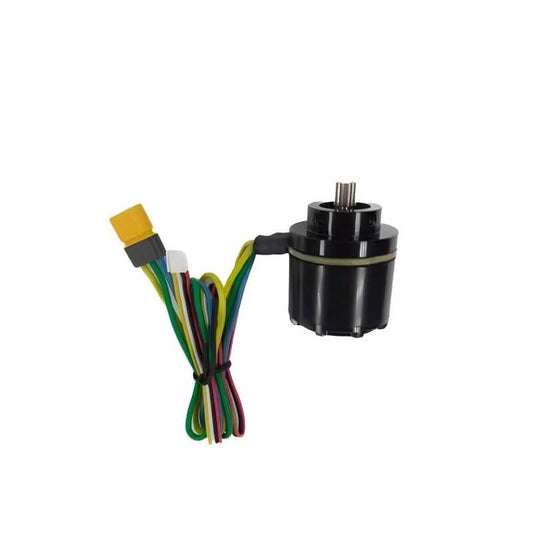 DAMIAO DM-2325 Motor with wiring harness and yellow connector, front shaft view