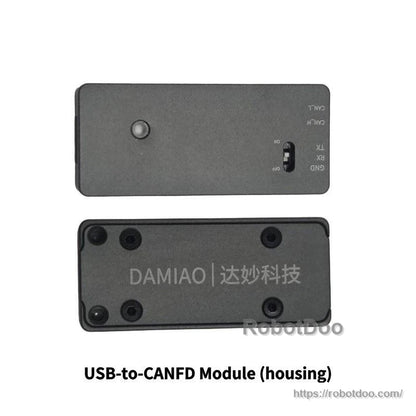 USB-to-CANFD module housing, top and bottom views with labeled CAN/UART ports