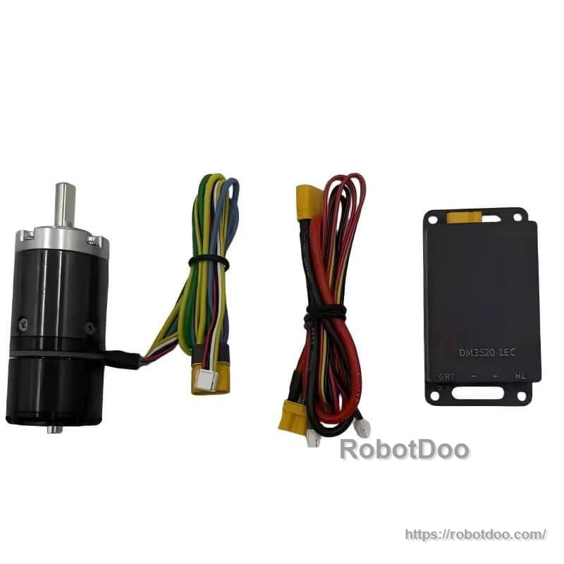 Motor kit layout with motor, multicolor cable harness, power leads, and DM3520-IEC module