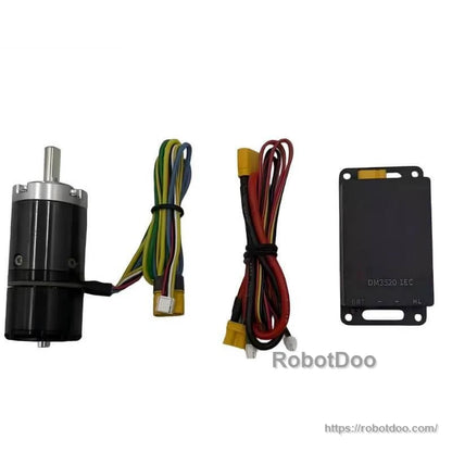 Motor kit layout with motor, multicolor cable harness, power leads, and DM3520-IEC module