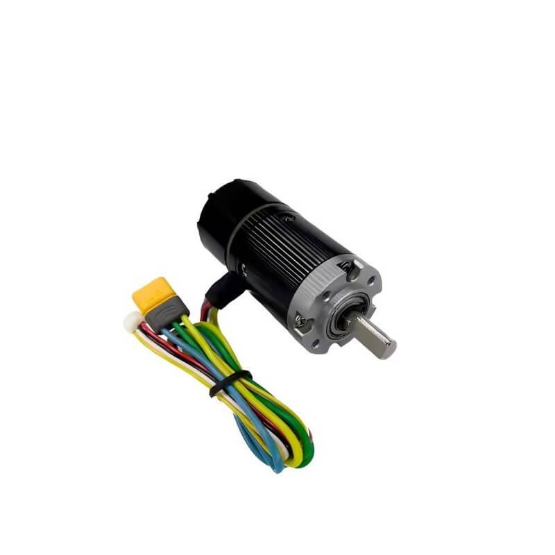 DAMIAO DM-2325 Motor angled side view showing finned housing and D-shaft output