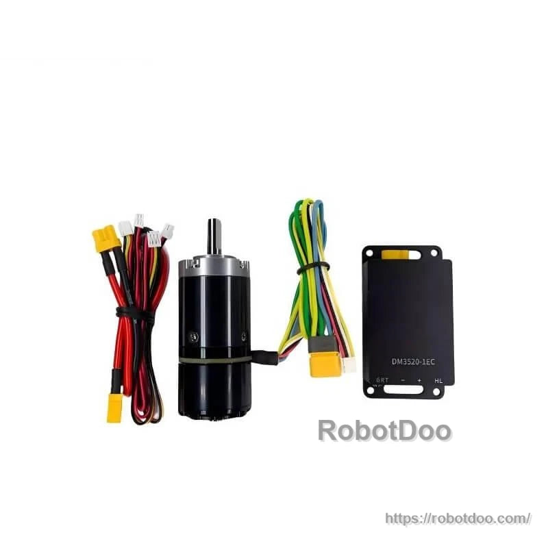 DAMIAO DM-2325 Motor kit contents: motor, wiring looms, and DM3520-IEC controller module