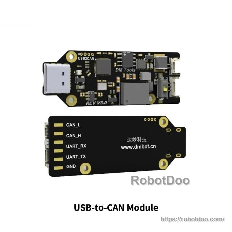 USB-to-CAN adapter module, top and bottom views with CAN_L/CAN_H and UART pin labels