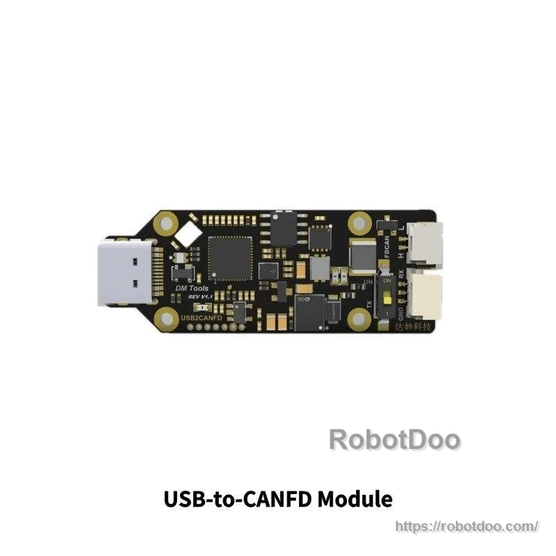 USB-to-CANFD module PCB close-up showing USB port, components, and board connectors