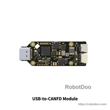 USB-to-CANFD module PCB close-up showing USB port, components, and board connectors