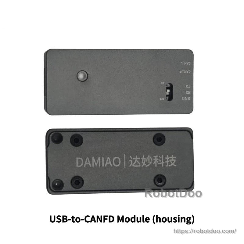 USB-to-CANFD module housing, top and bottom views with TX/RX and CANH/CANL labels