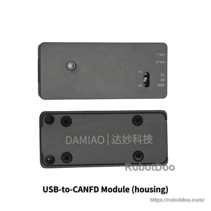USB-to-CANFD module housing, top and bottom views with TX/RX and CANH/CANL labels