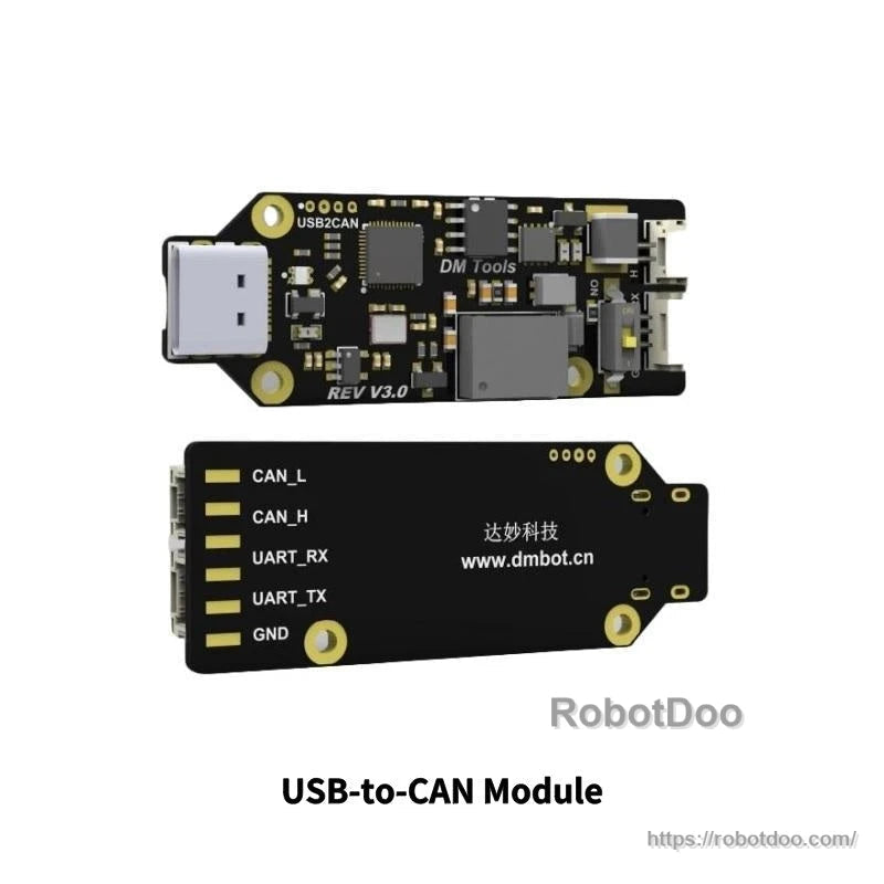 USB-to-CAN module board, top and bottom views with labeled pins (CAN_L, CAN_H, UART, GND)