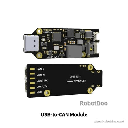 USB-to-CAN module board, top and bottom views with labeled pins (CAN_L, CAN_H, UART, GND)
