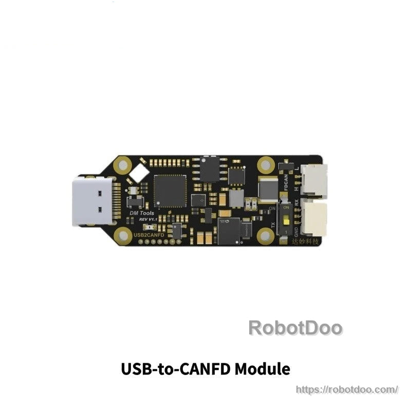 USB-to-CANFD module PCB close-up showing USB connector and onboard components