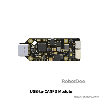 USB-to-CANFD module PCB close-up showing USB connector and onboard components