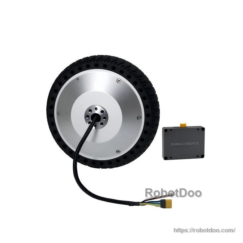 DAMIAO DM-H65-1EC motor wheel with matching controller box and wiring harness shown