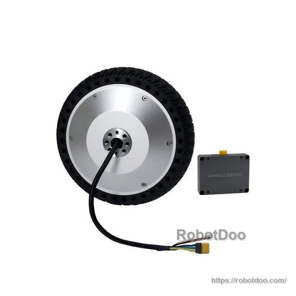 DAMIAO DM-H65-1EC motor wheel with matching controller box and wiring harness shown