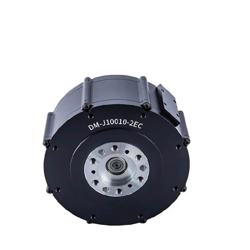 DAMIAO DM-J10010-2EC actuator motor angled front view showing housing depth and mounting holes