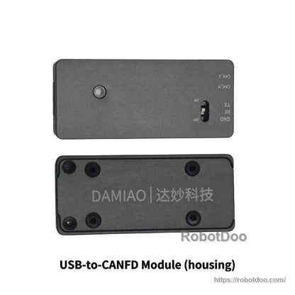 USB-to-CANFD module housing, top and bottom views with port cutout and DAMIAO branding
