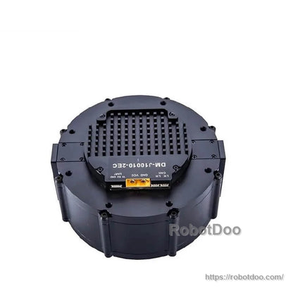Rear view of DM-J10010-2EC motor showing vented cover and integrated connector block with pins