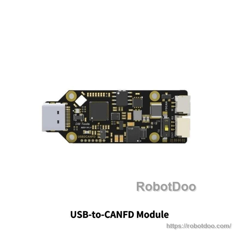 USB-to-CANFD module PCB with USB-C connector and surface-mount components, top side view