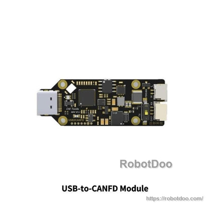 USB-to-CANFD module PCB with USB-C connector and surface-mount components, top side view