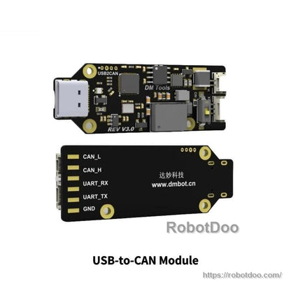 USB-to-CAN module board set showing USB connector and CAN_L, CAN_H, UART, GND pins