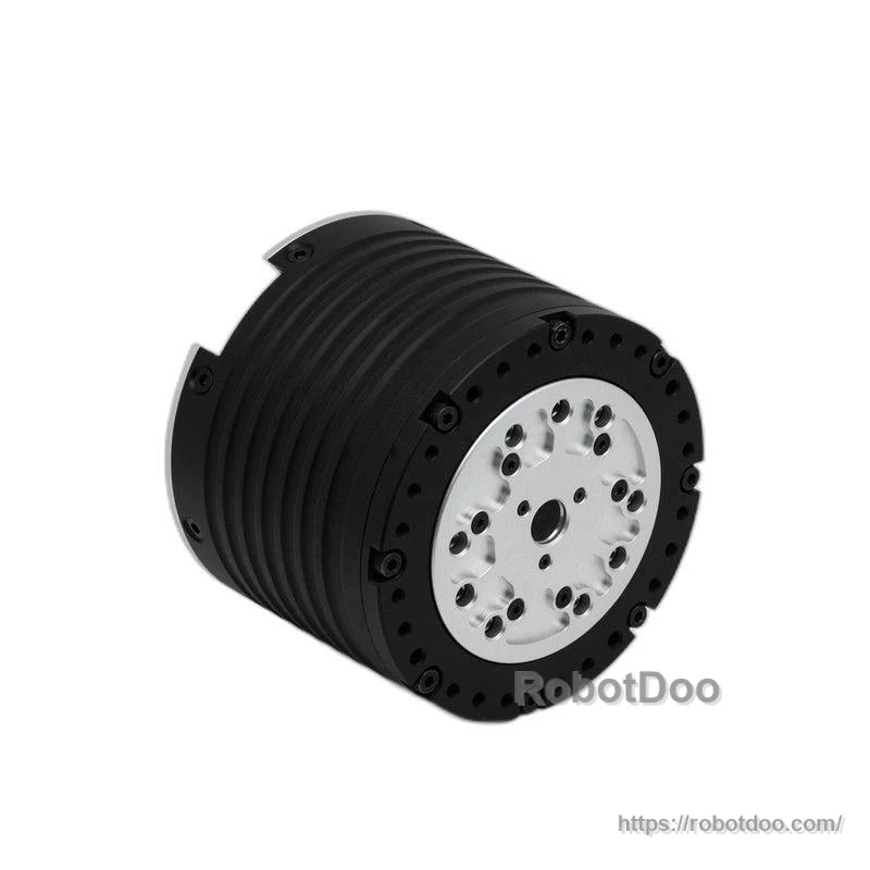 Rear mounting face of the gear motor with circular bolt pattern and black housing, RobotDoo watermark