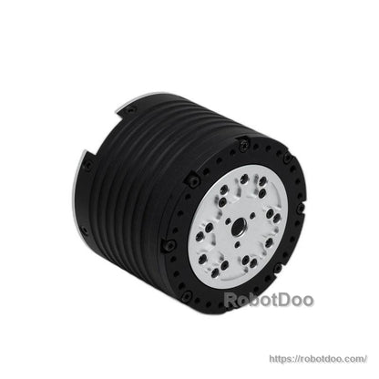Rear mounting face of the gear motor with circular bolt pattern and black housing, RobotDoo watermark