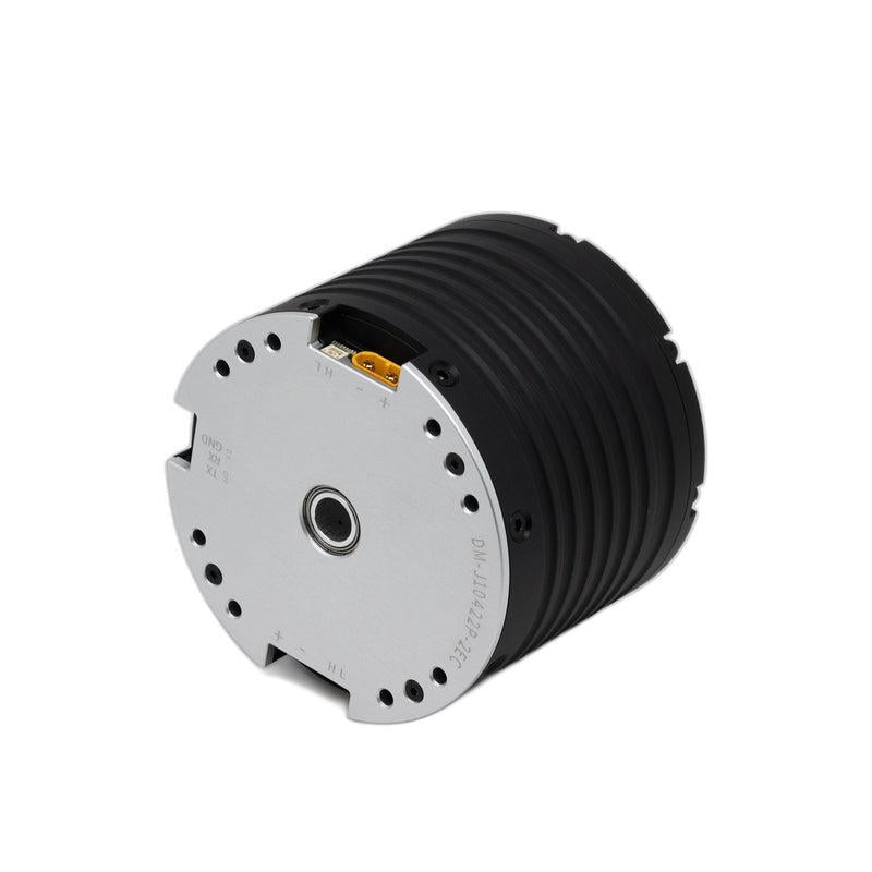 Angled view of DM-J10422P-2EC gear motor showing output shaft opening, mounting flange, and recessed connector