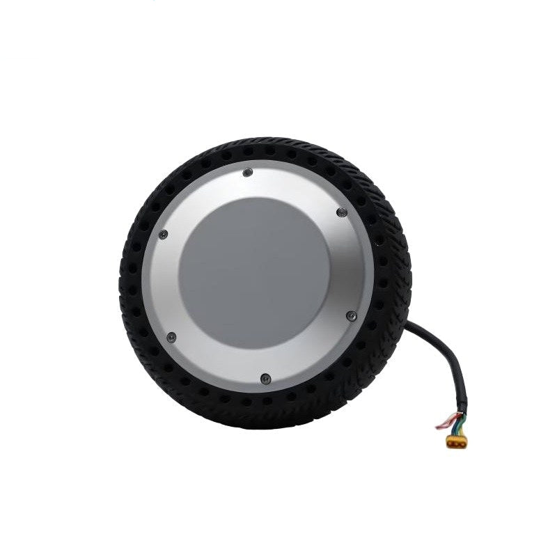 Rear side view of the hub motor wheel showing smooth cover plate and cable exit