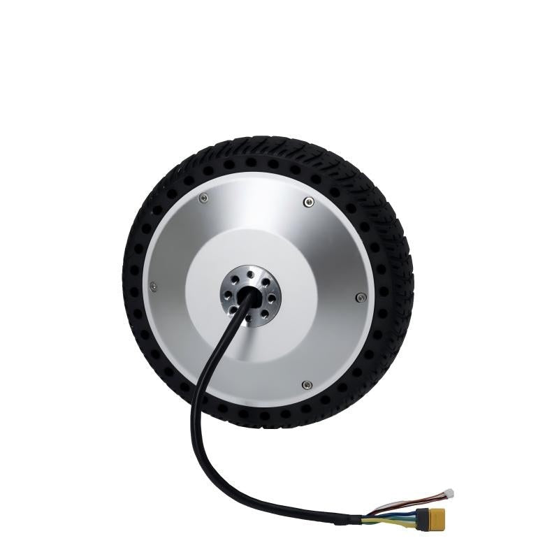 DAMIAO DM-H65-1EC hub motor with tire, silver housing and cable lead with connector