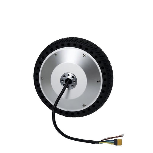 DAMIAO DM-H65-1EC hub motor with tire, silver housing and cable lead with connector