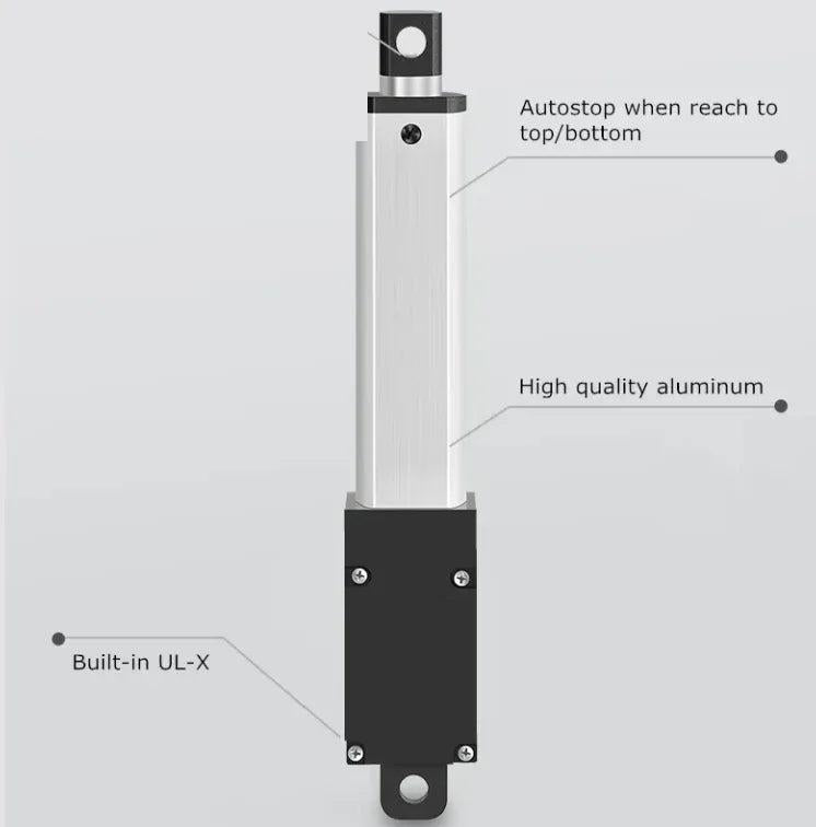 Front view of the DC 12V Small Linear Actuator with labeled aluminum body and automatic stop points